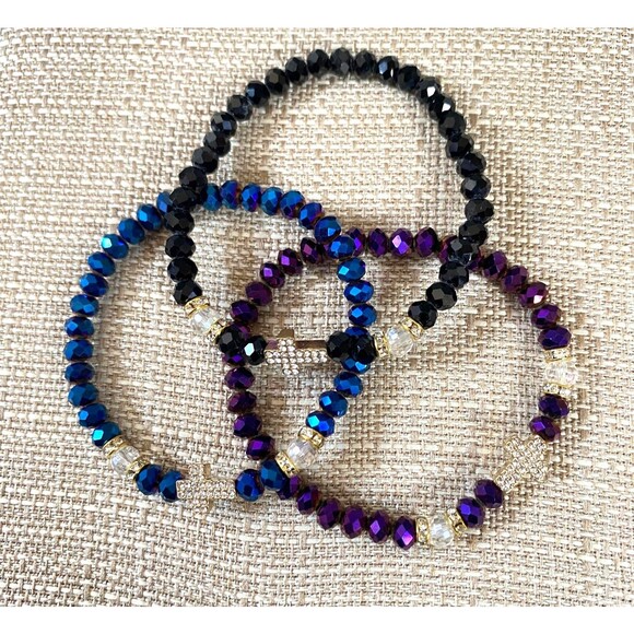 Metallic Iridescent Cross Charm Bracelet Trio Octagon Beads Multicolor Stretch - Picture 3 of 12